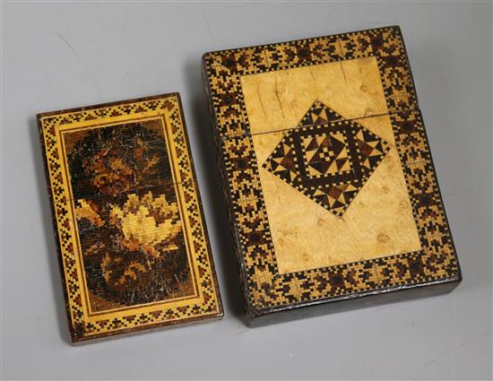 Two Victorian Tunbridge ware tesserae mosaic card cases largest 10 x 7.5cm